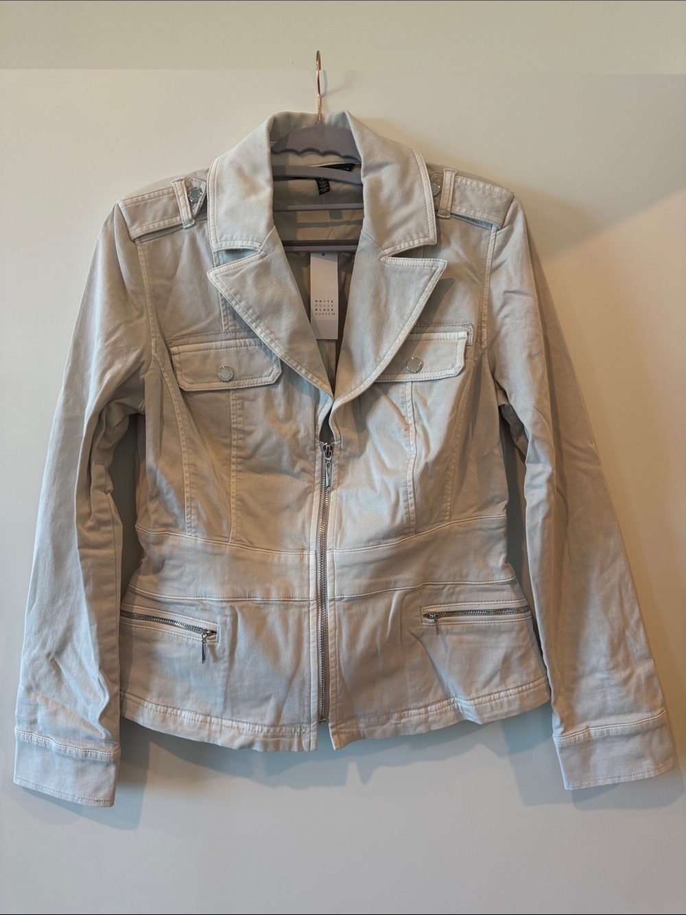 NWT White House Black Market Peplum Utility Jacket Silver Cloud Size 6